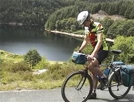 Tao riding around the enormous, picturesque Llyn Brianne reservoir